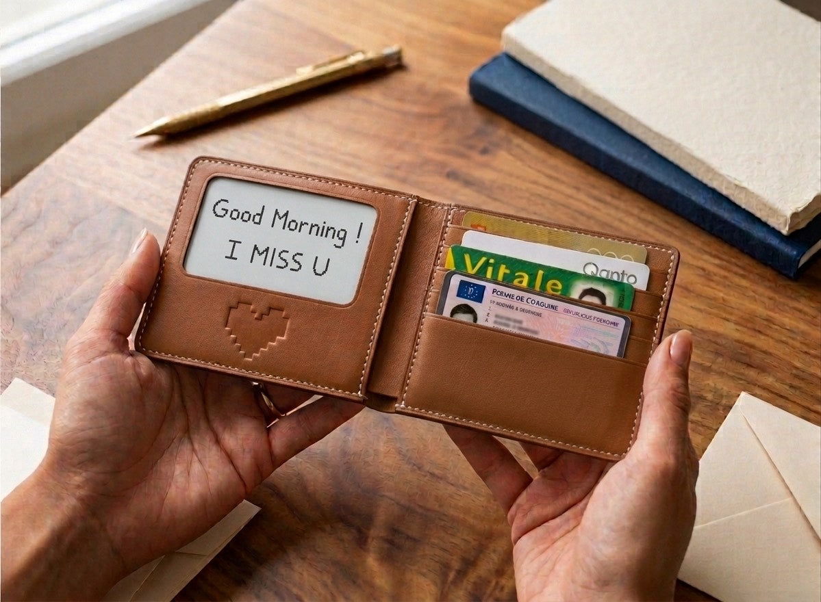 Open leather wallet with an e-ink screen showing a handwritten note beside the card slots