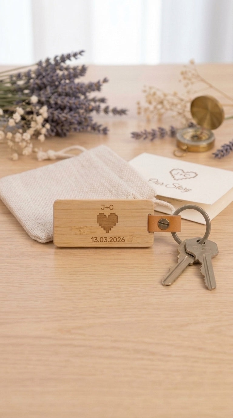 Close view of KEEP’s natural bamboo body and keyring